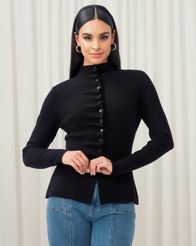 ELANA WANG RUFFLED BUTTON SWEATER