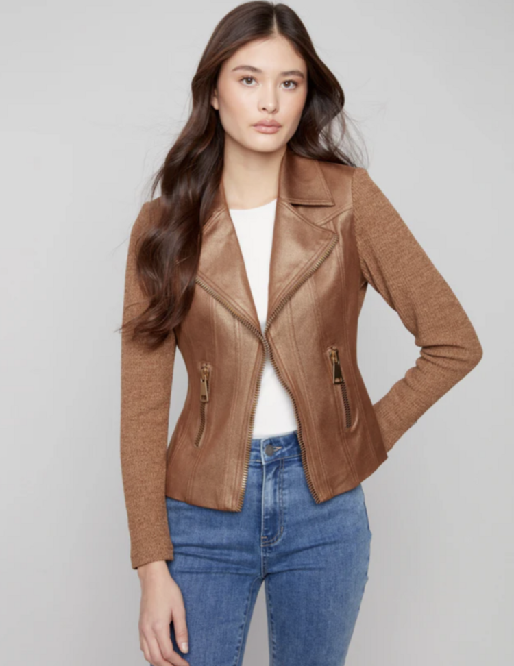 CHARLIE B. BRONZE LEATHER & KNIT JACKET