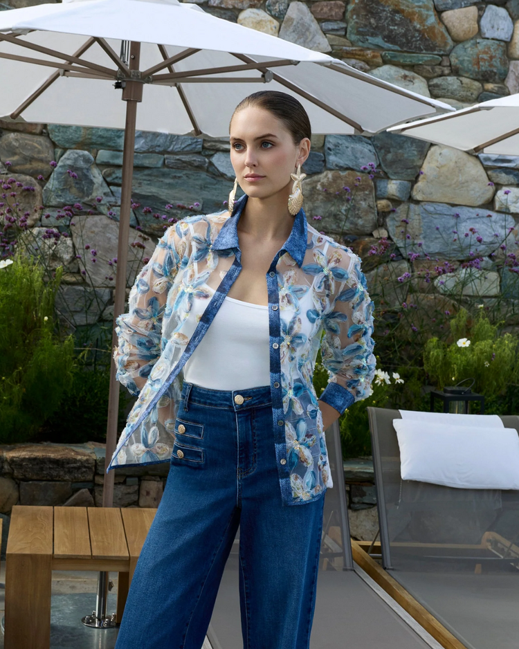 FRANK LYMAN DENIM FLORALS TOP