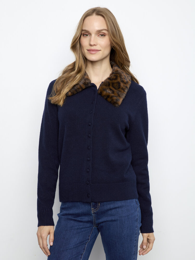 CHARLIE B. LUXURY FUR COLLAR MARINE CARDIGAN
