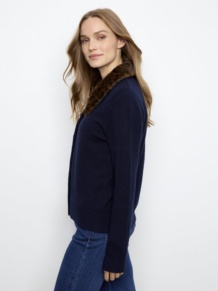 CHARLIE B. LUXURY FUR COLLAR MARINE CARDIGAN