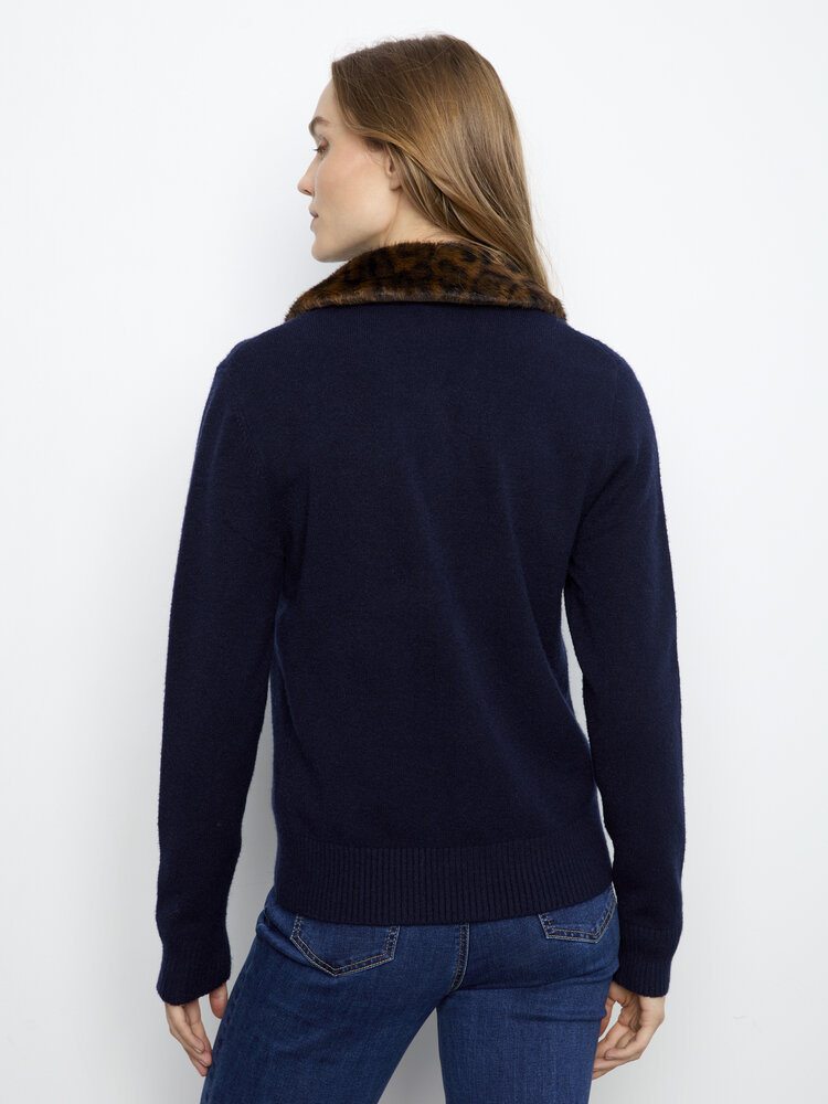 CHARLIE B. LUXURY FUR COLLAR MARINE CARDIGAN