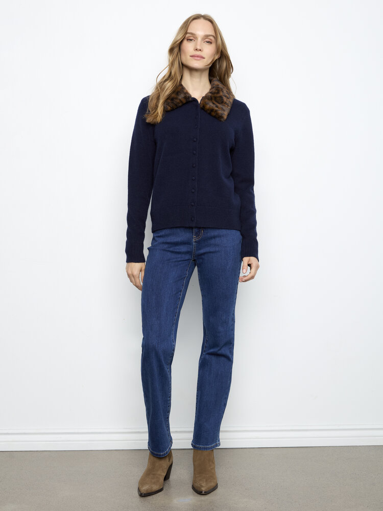 CHARLIE B. LUXURY FUR COLLAR MARINE CARDIGAN
