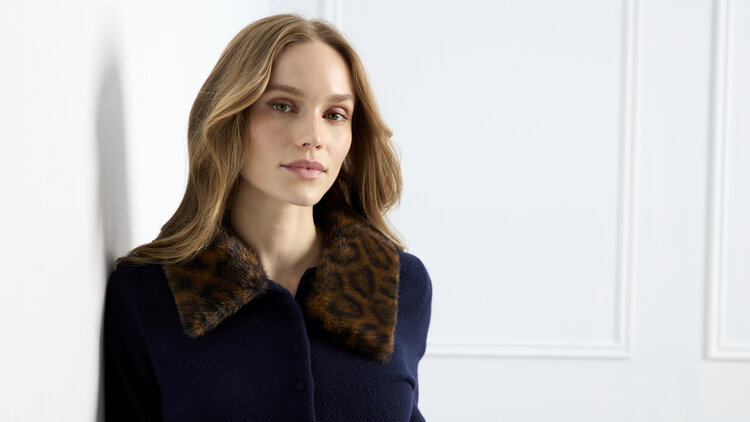 CHARLIE B. LUXURY FUR COLLAR MARINE CARDIGAN