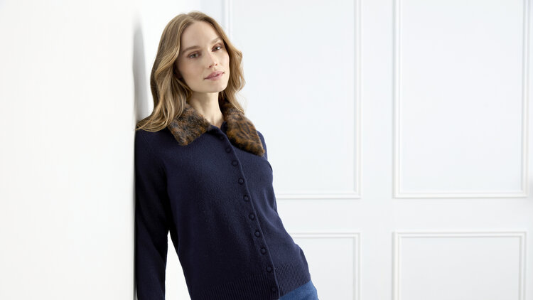 CHARLIE B. LUXURY FUR COLLAR MARINE CARDIGAN