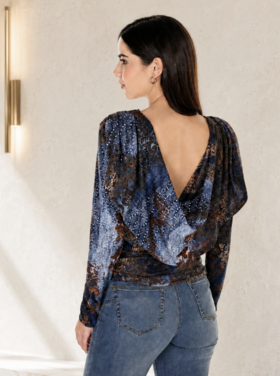 FRANK LYMAN TAPESTRY COWL BACK TOP