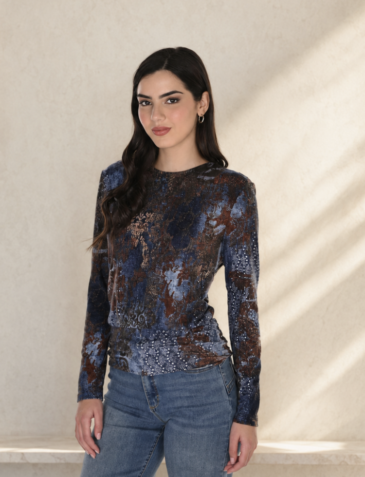 FRANK LYMAN TAPESTRY COWL BACK TOP