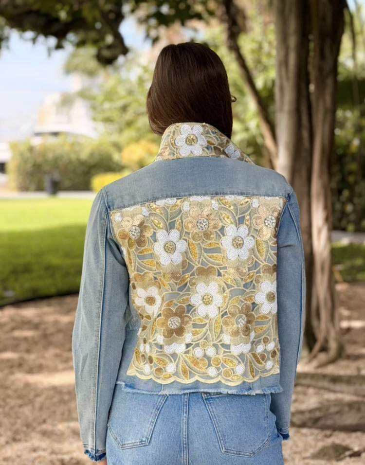 STACY BRADLEY PRINTED INSET JEAN JACKET
