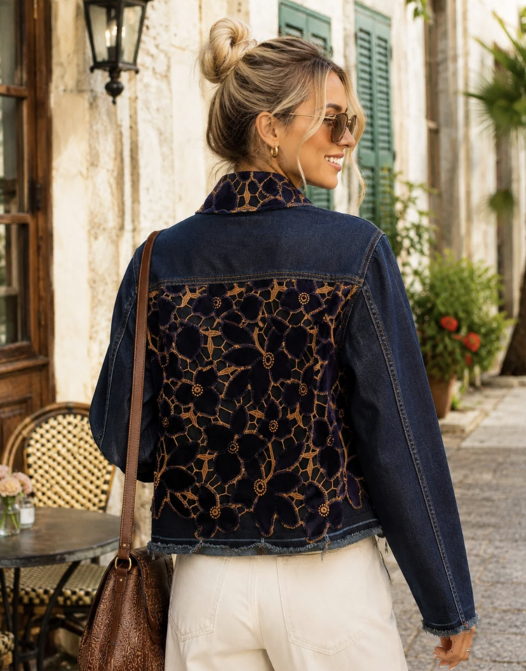 STACY BRADLEY PRINTED INSET JEAN JACKET