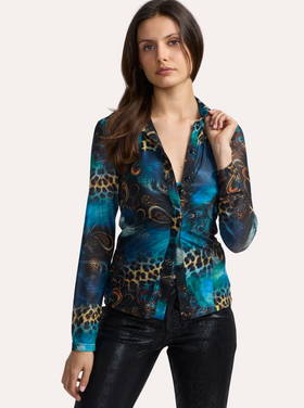 OO LA LA PEACOCK MESH BUTTON-UP