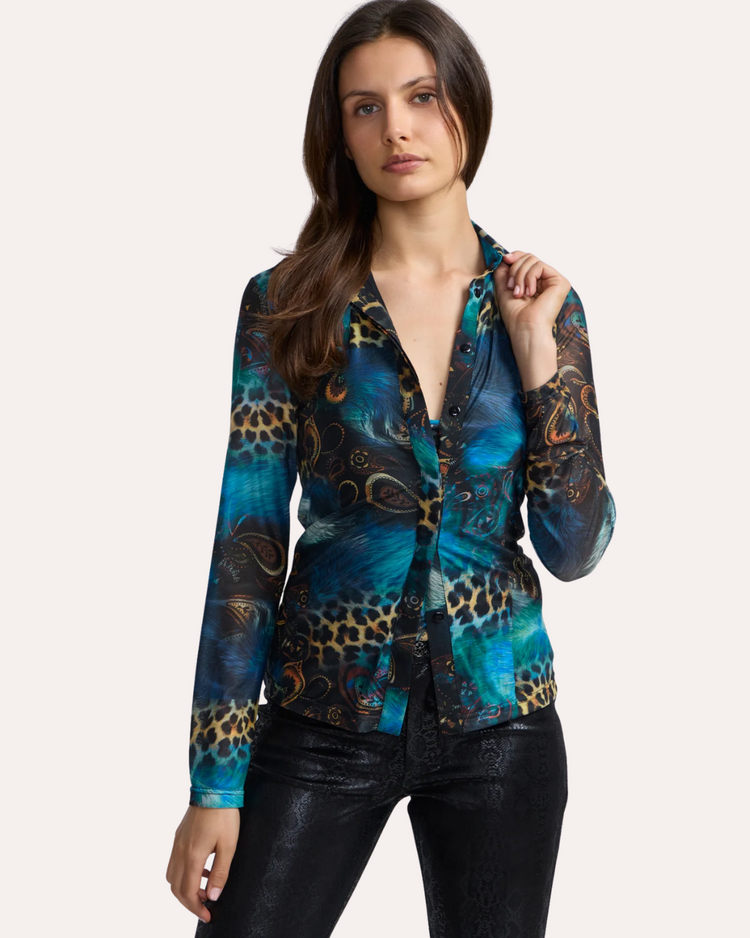 OO LA LA PEACOCK MESH BUTTON-UP