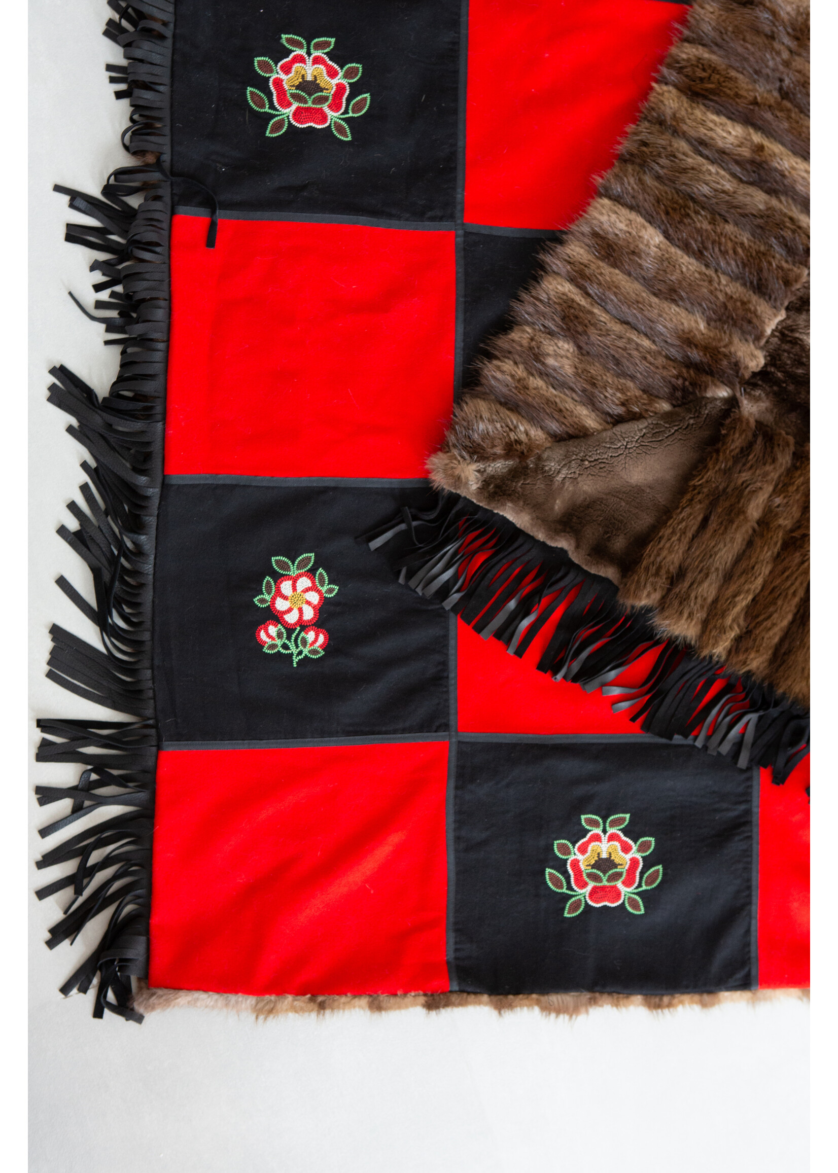 D'Arcy Moses for Further EMBROIDERED BEAVER THROW RED & BLACK W/ RIBBON & FRINGE 69 x 56"