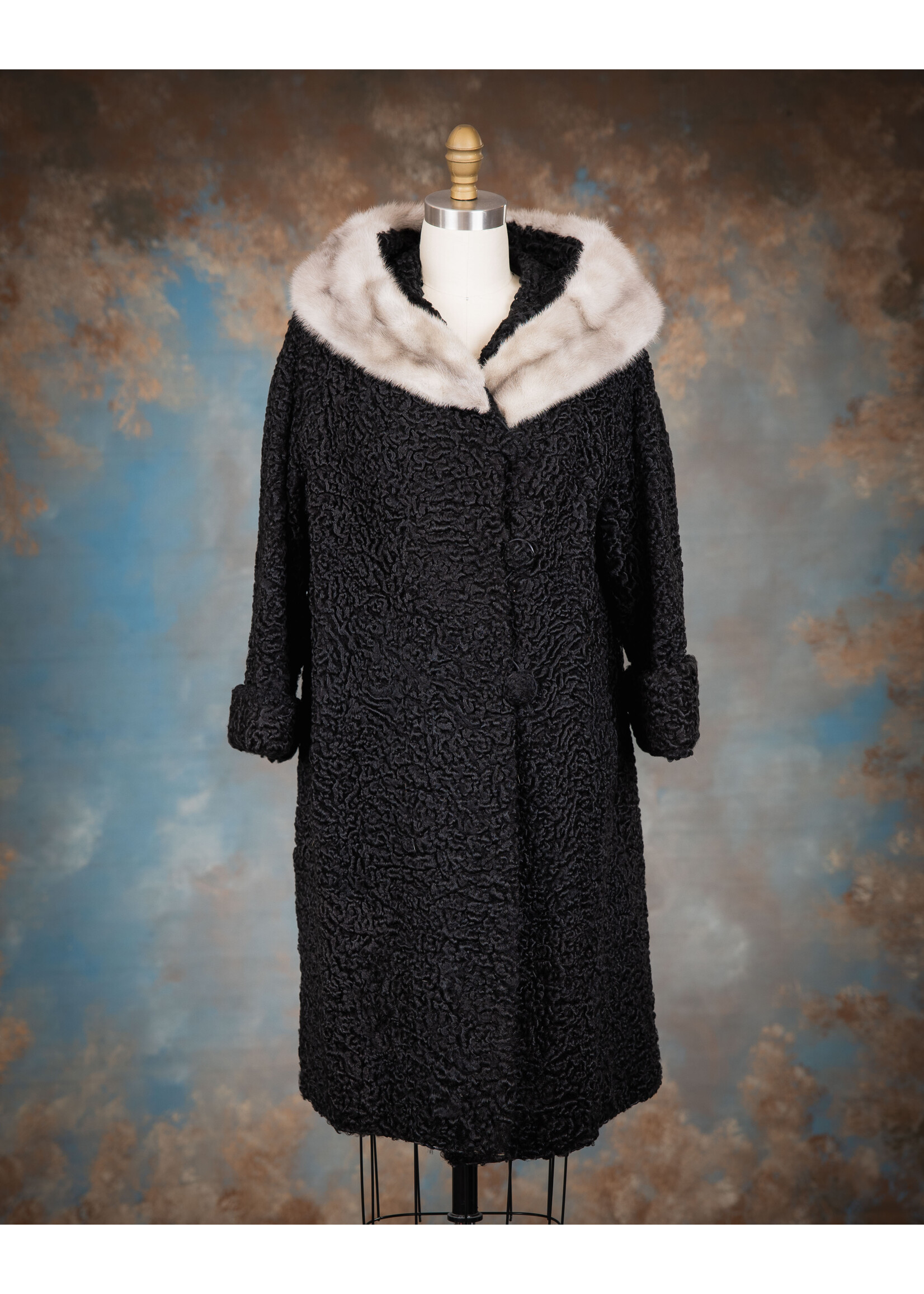 BLACK PERSIAN LAMB COAT W/ SAPPHIRE MINK COLLAR
