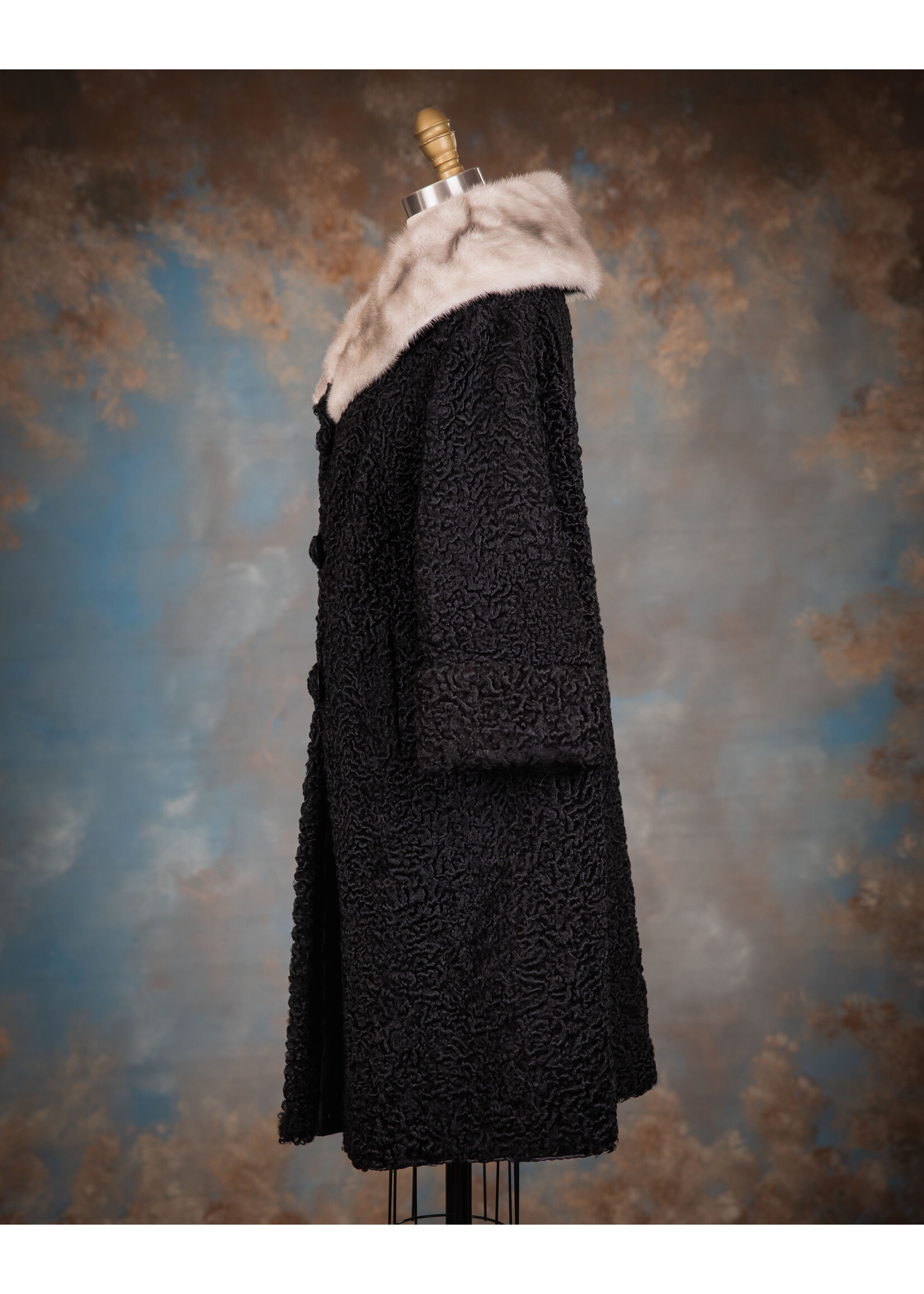 BLACK PERSIAN LAMB COAT W/ SAPPHIRE MINK COLLAR
