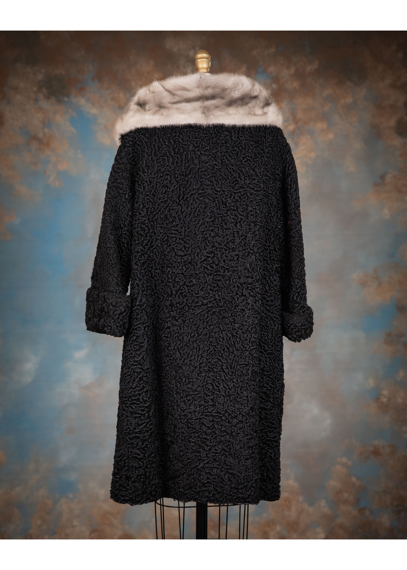BLACK PERSIAN LAMB COAT W/ SAPPHIRE MINK COLLAR
