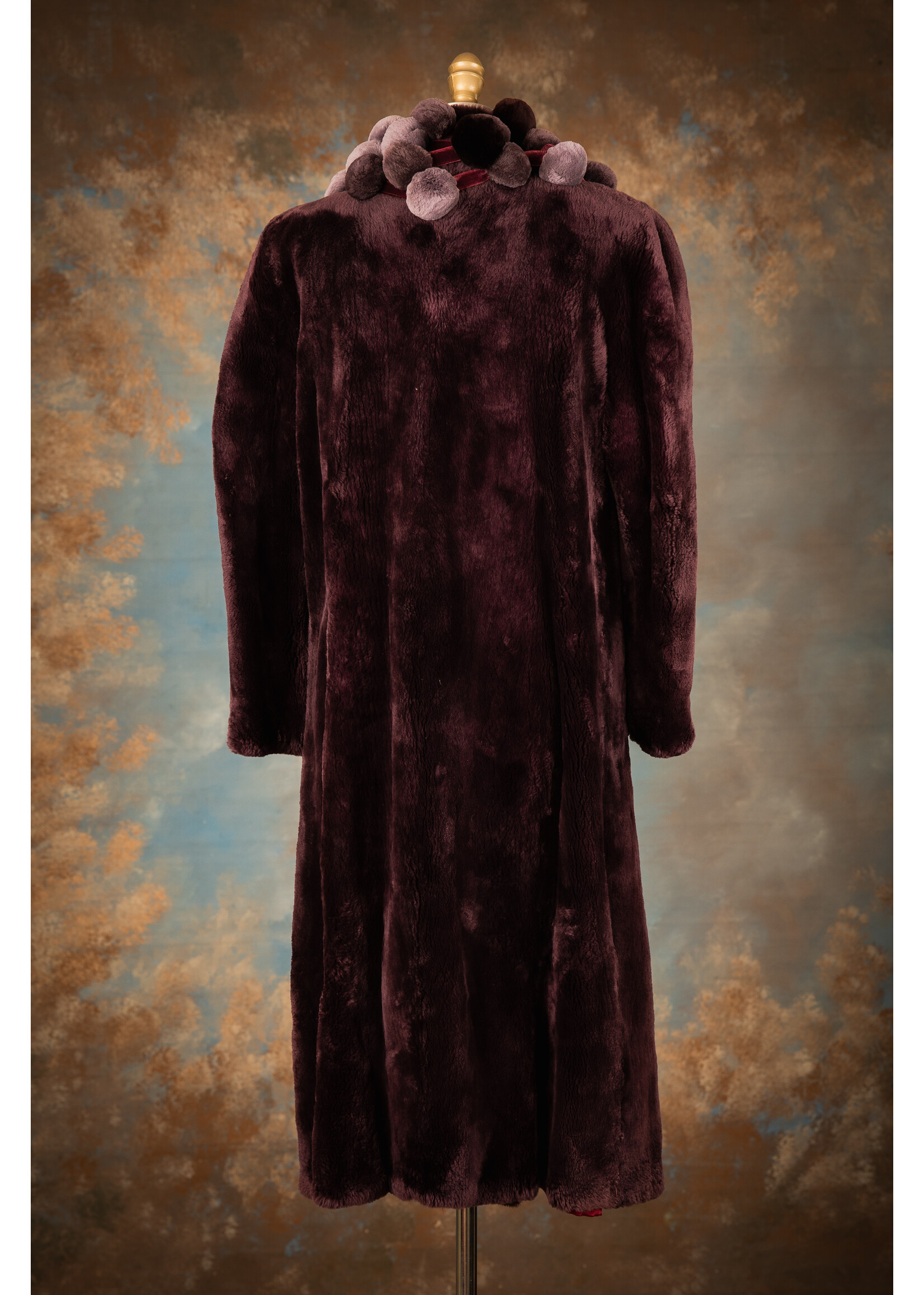 PLUM SHEARED BEAVER COAT W. BOBBLE SCARF