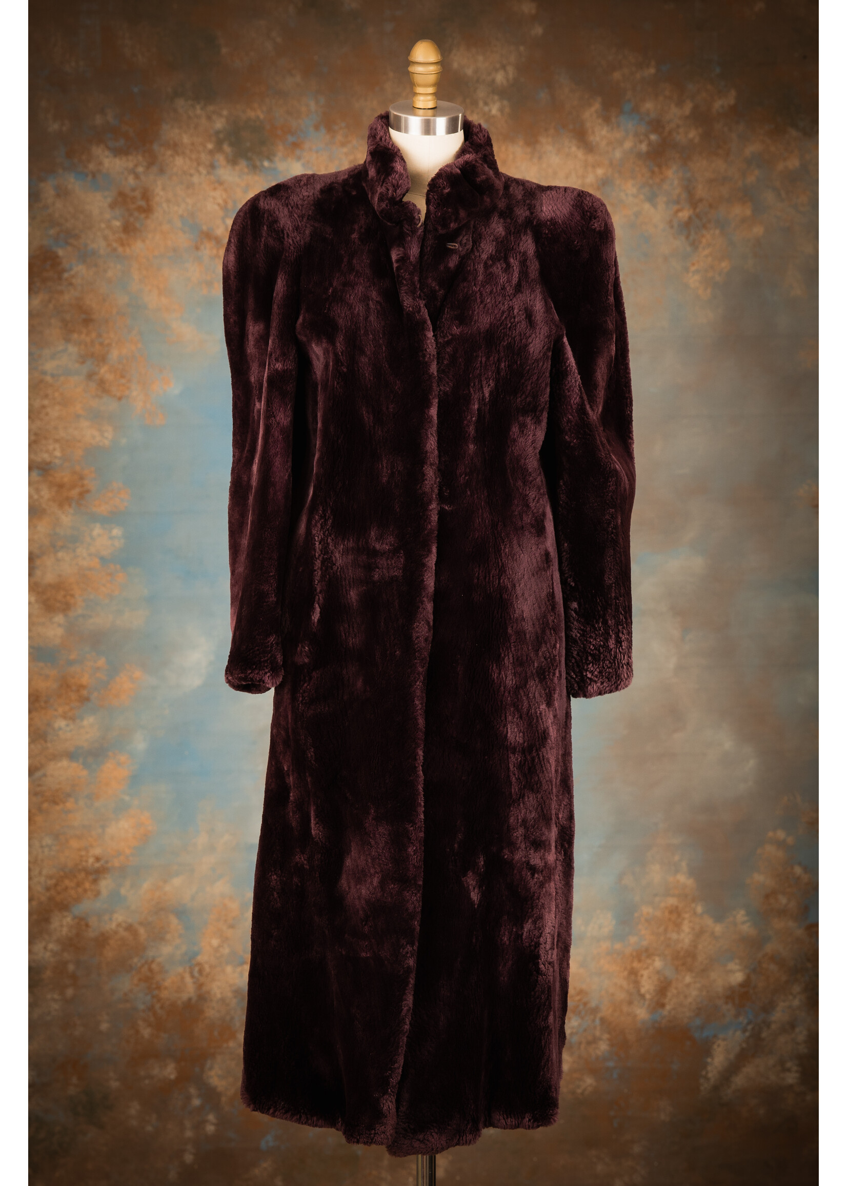 PLUM SHEARED BEAVER COAT W. BOBBLE SCARF