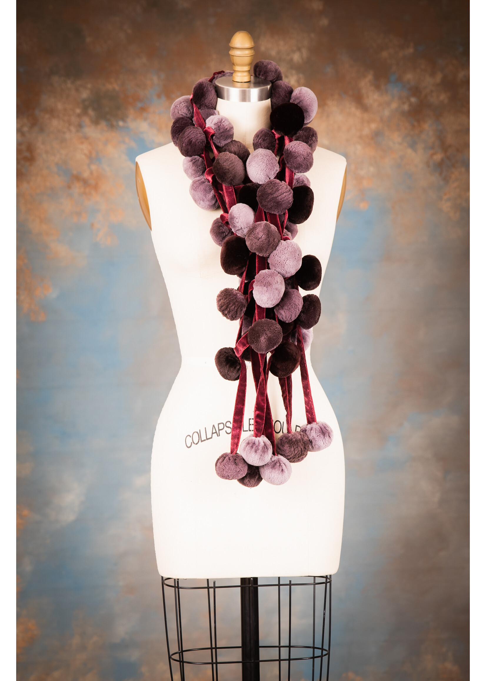 PLUM SHEARED BEAVER COAT W. BOBBLE SCARF