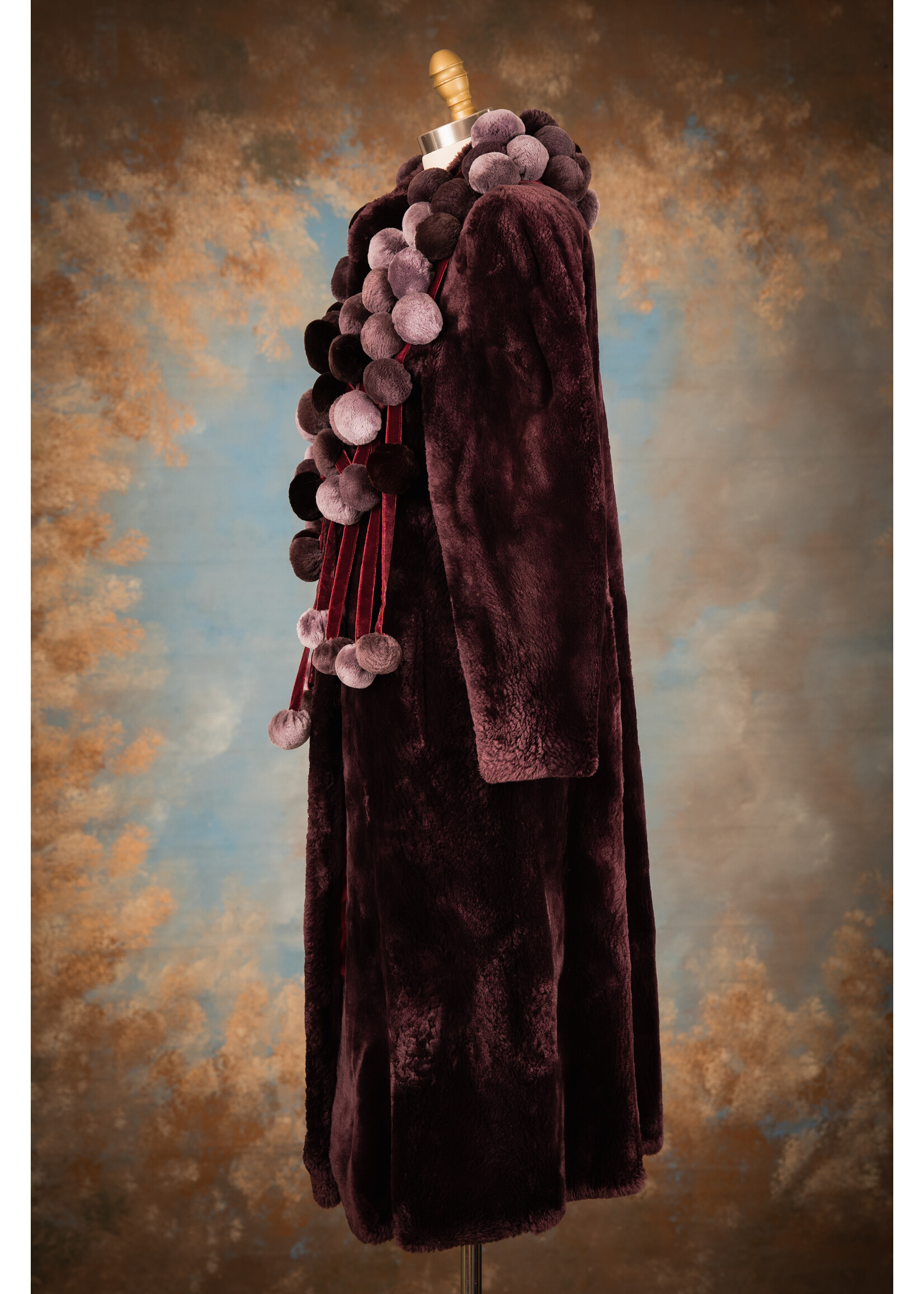 PLUM SHEARED BEAVER COAT W. BOBBLE SCARF