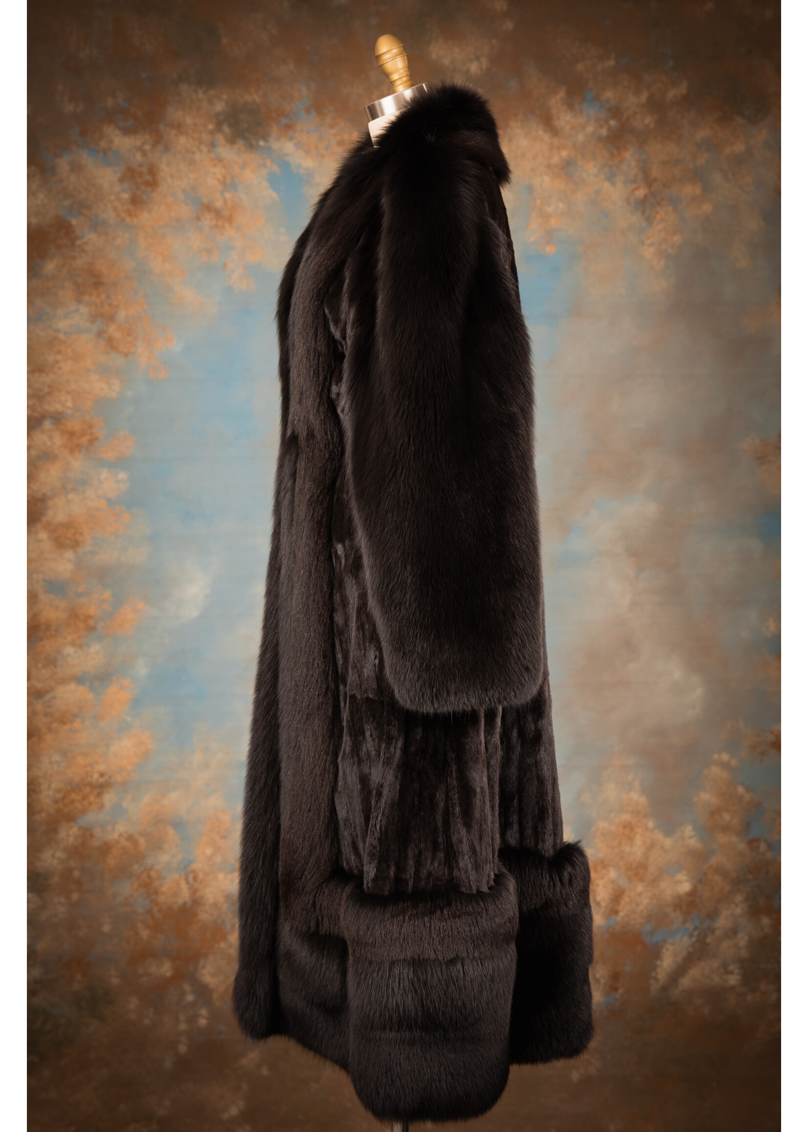 BLACK ERMINE COAT W. FOX TRIM