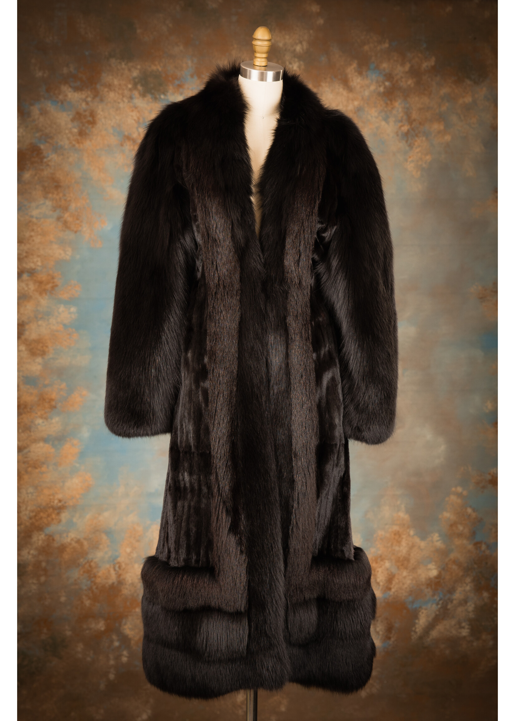 BLACK ERMINE COAT W. FOX TRIM