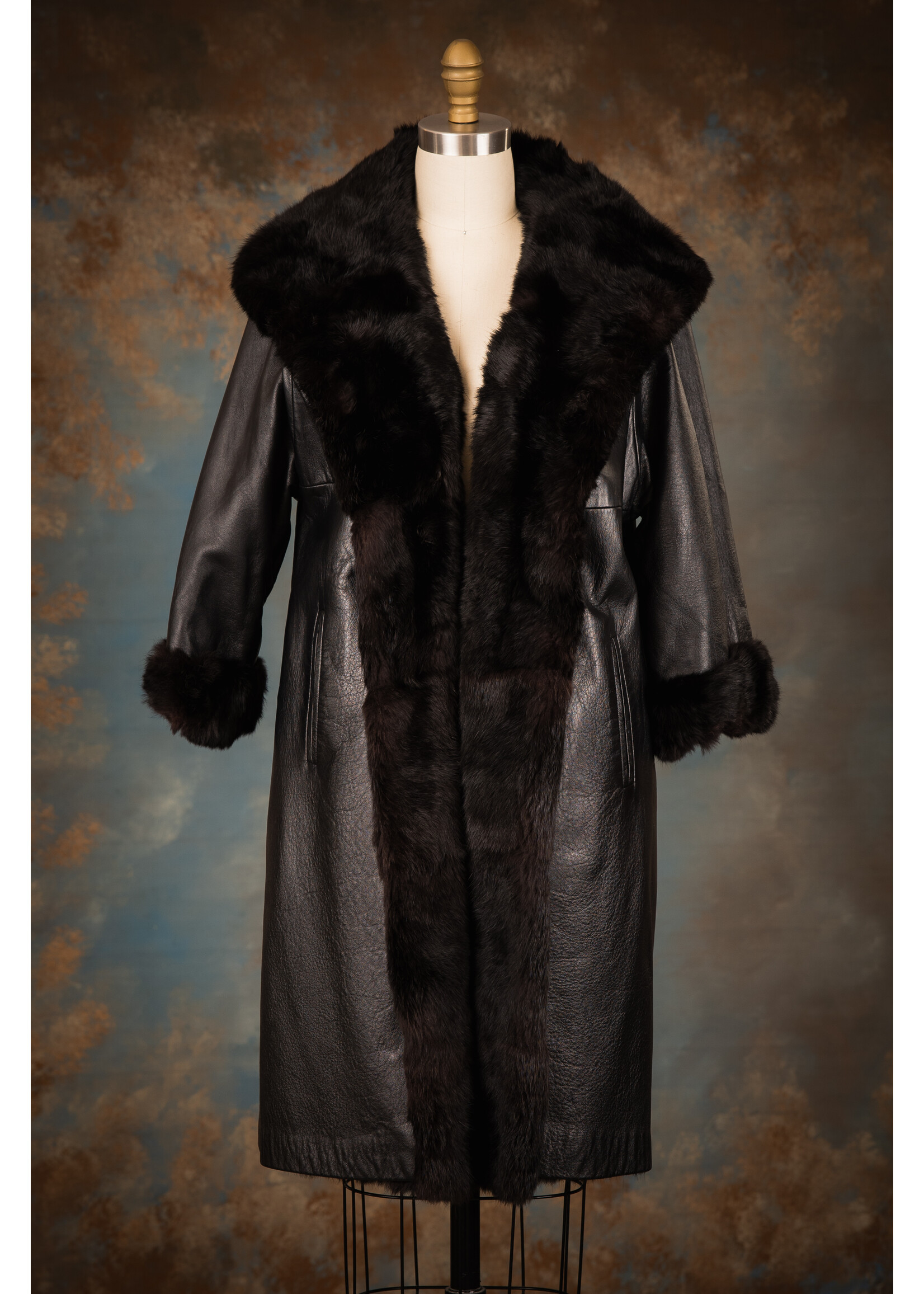 BLACK RABBIT-LINED LEATHER COAT