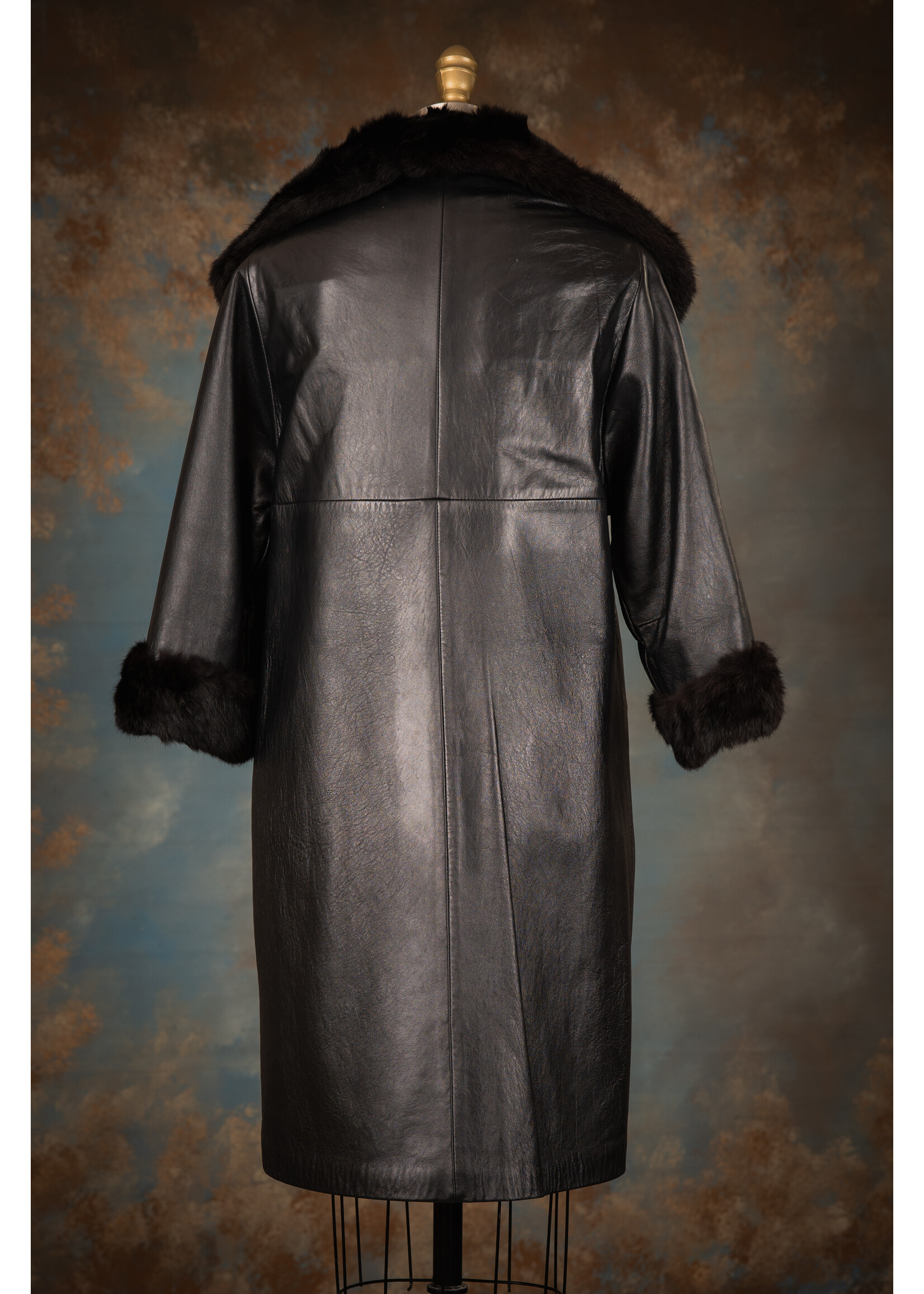 BLACK RABBIT-LINED LEATHER COAT