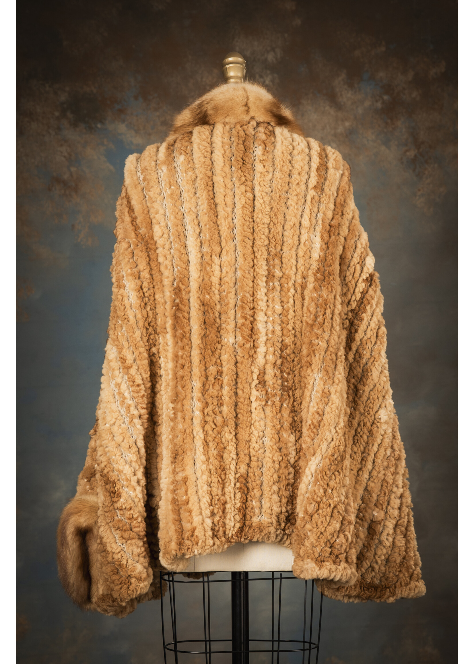 FURTHER COGNAC PLUCKED MINK KNIT BATWING PONCHO W.  SABLE
