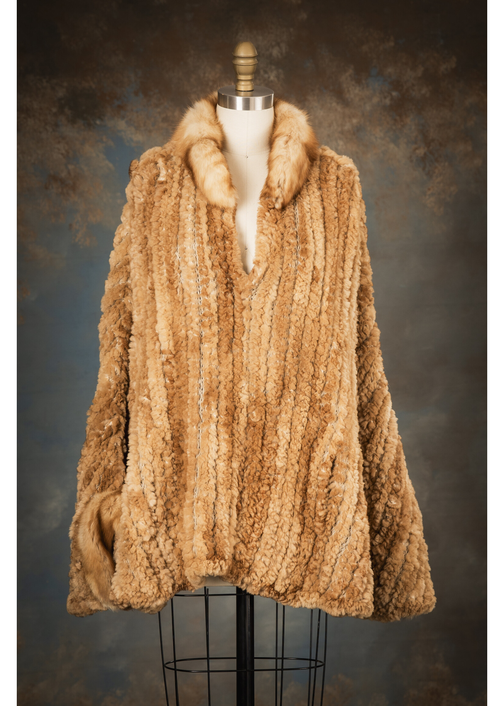 FURTHER COGNAC PLUCKED MINK KNIT BATWING PONCHO W.  SABLE