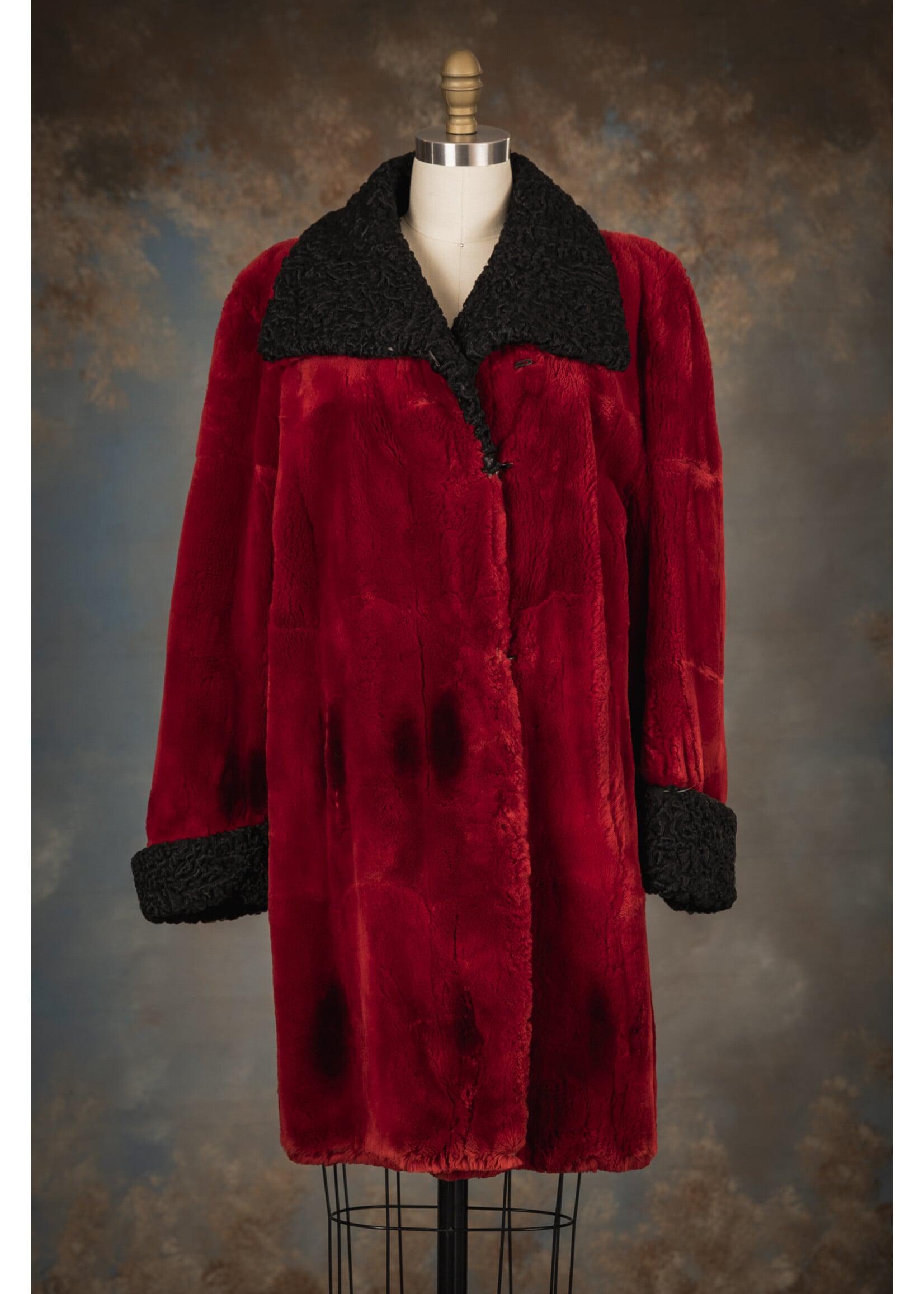 SHEARED CRIMSON MUSKRAT COAT W. PERSIAN LAMB 10