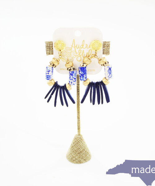 Beaded Spike Teardrop Earring Blue and White Cobolt Spike