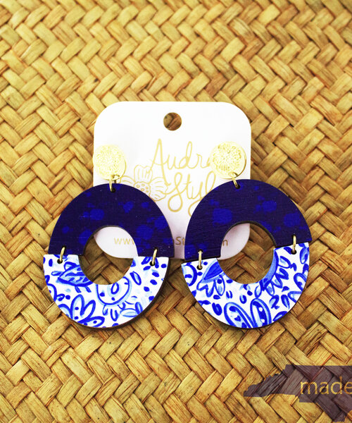 Colorful Geometric Statement Earrings Classic Blue/White