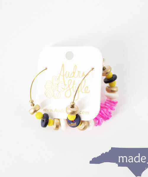 Beaded Hoop Earring Yellow and Hot Pink