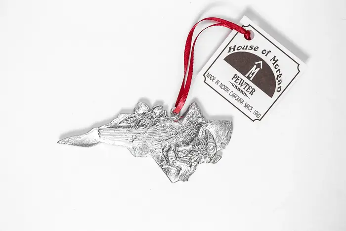Nc State Outline w/ Cardinal & Dogwood Ornament - House of Morgan Pewter