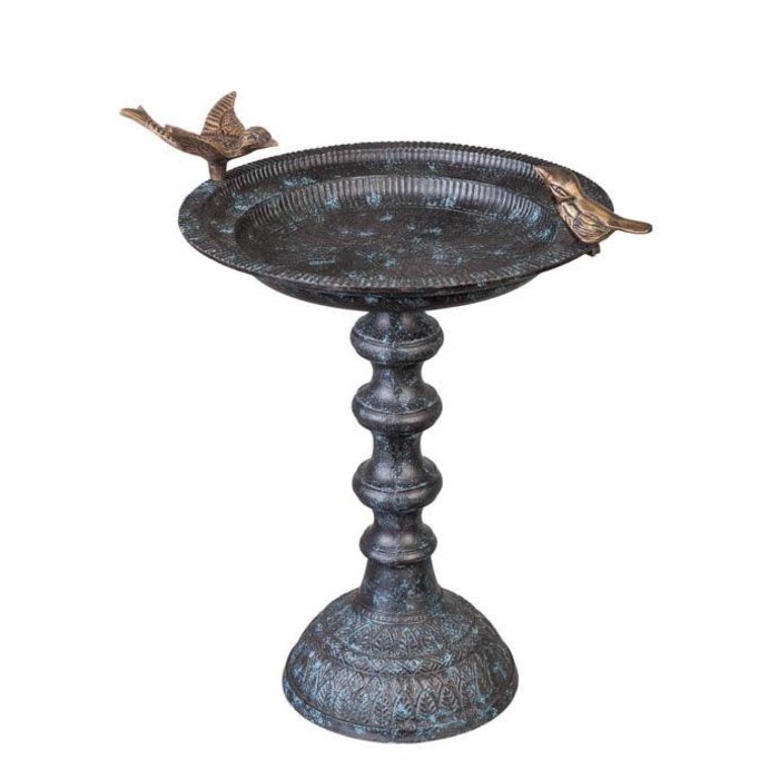 Birdbath w/2 Bronze Birds 4-Ring Pedestal 18x14x19 Cast Metal