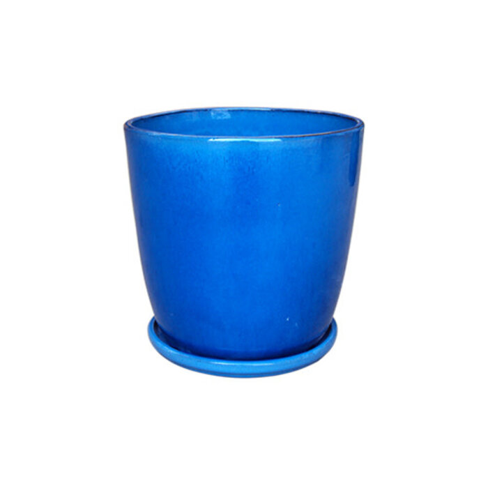 Pot Tall Crackle Glaze Egg Pot w/att Saucer Sml 9x9 Blue