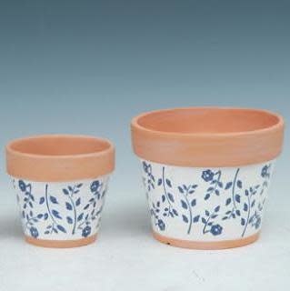 Pot Taper White w/Blue Flower Sml 3.5x3 Painted Terracotta