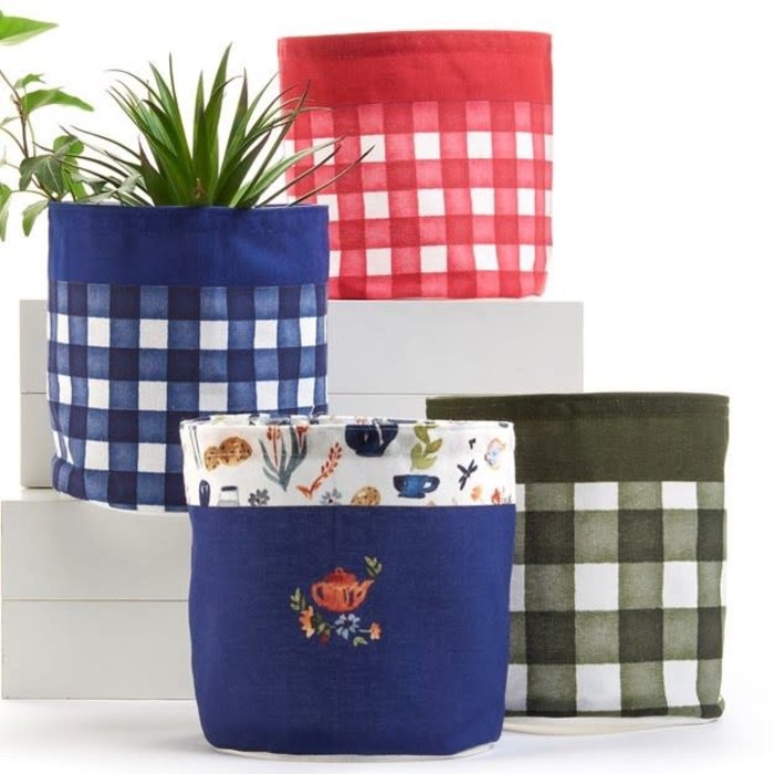 Pot Fabric Storage Planter/Cover w/Liner Gingham/Farm 5.5" Asst