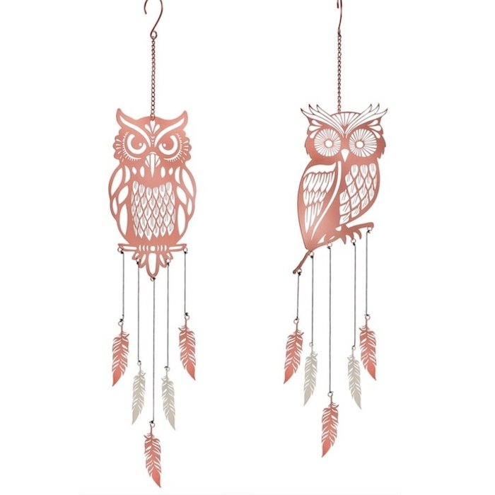 Wind Chime Owl w/Leaf/Feather Charms 22" Asst Metal