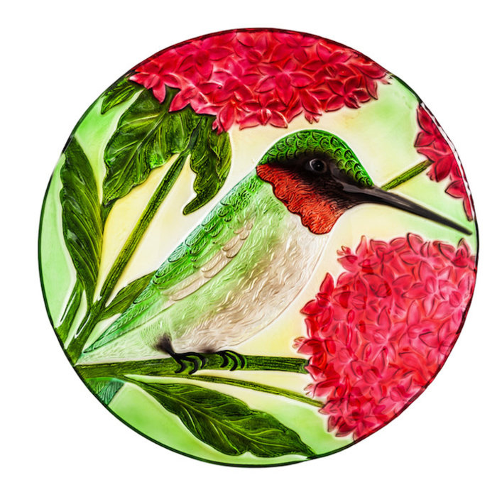 Birdbath Top/Dish Embossed Hummingbird w/Flowers Hand Painted Glass 18"