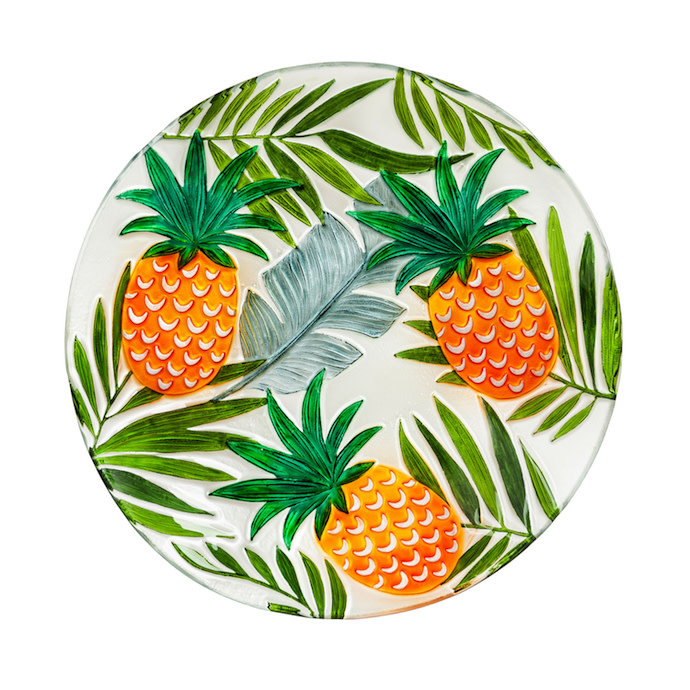 Birdbath Top/Dish Embossed Tropical Pineapple Hand Painted Glass 18"