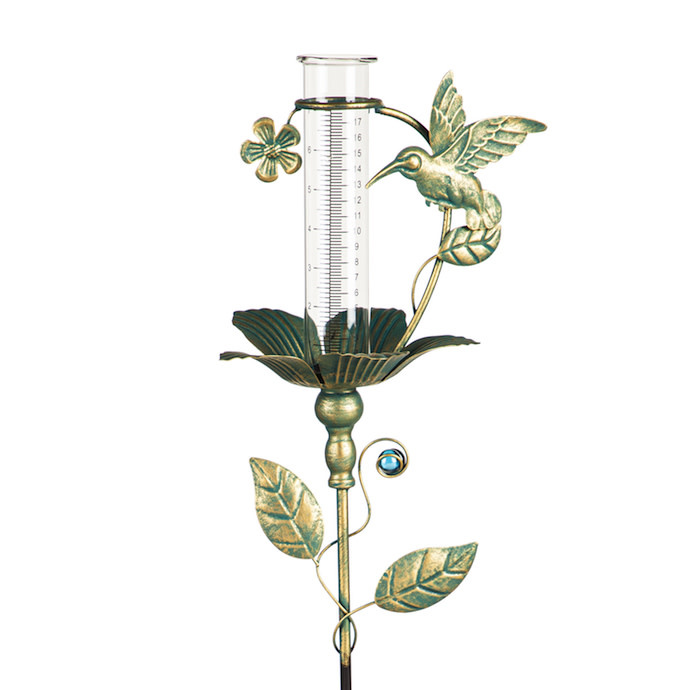 Rain Gauge Stake Hummingbird Verdigris Metal/Glass 36" (#7)