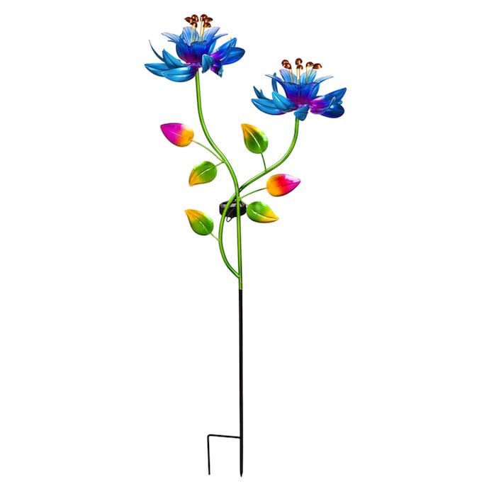 Wind Spinner / Garden Stake Blue Flower Solar 47" Multi-Color Metal