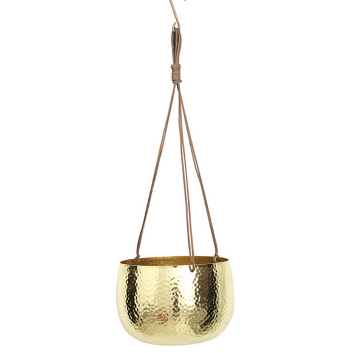 Pot Hanging Hammered Metal w/Leather Cord 8x6 Gold