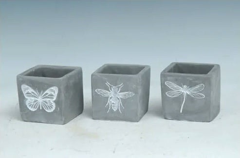 Pot 3" Square Bee/Btrfly/Drgfly Asst Cement