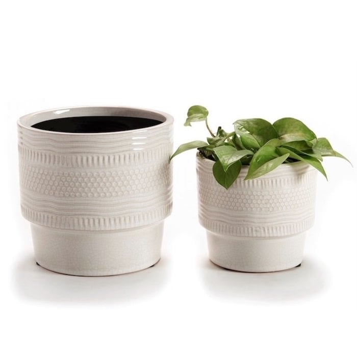 Pot Cylinder w/Recessed Base Dots & Wavy Lines Sml 4x3 Natural