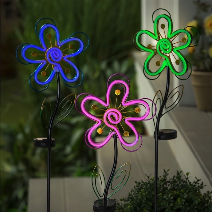 Garden Stake Neon Flower Solar 35" Green Plastic/Metal