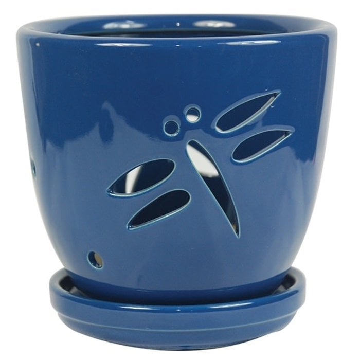 Pot Orchid Dragonfly w/att Saucer Lrg 7x6 Blue/Plum/Green