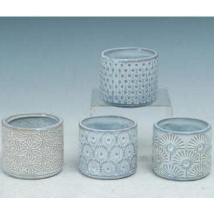 Pot Cylinder Asst Botanical Design 3x3 Gray/White
