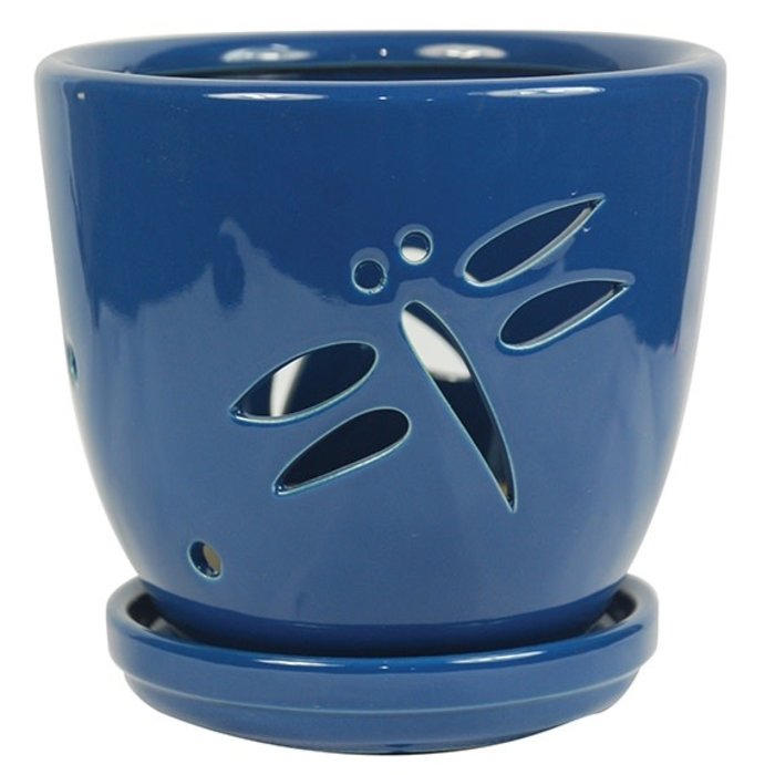 Pot Orchid Dragonfly w/att Saucer Sml 5.5x5 Blue/Plum/Green